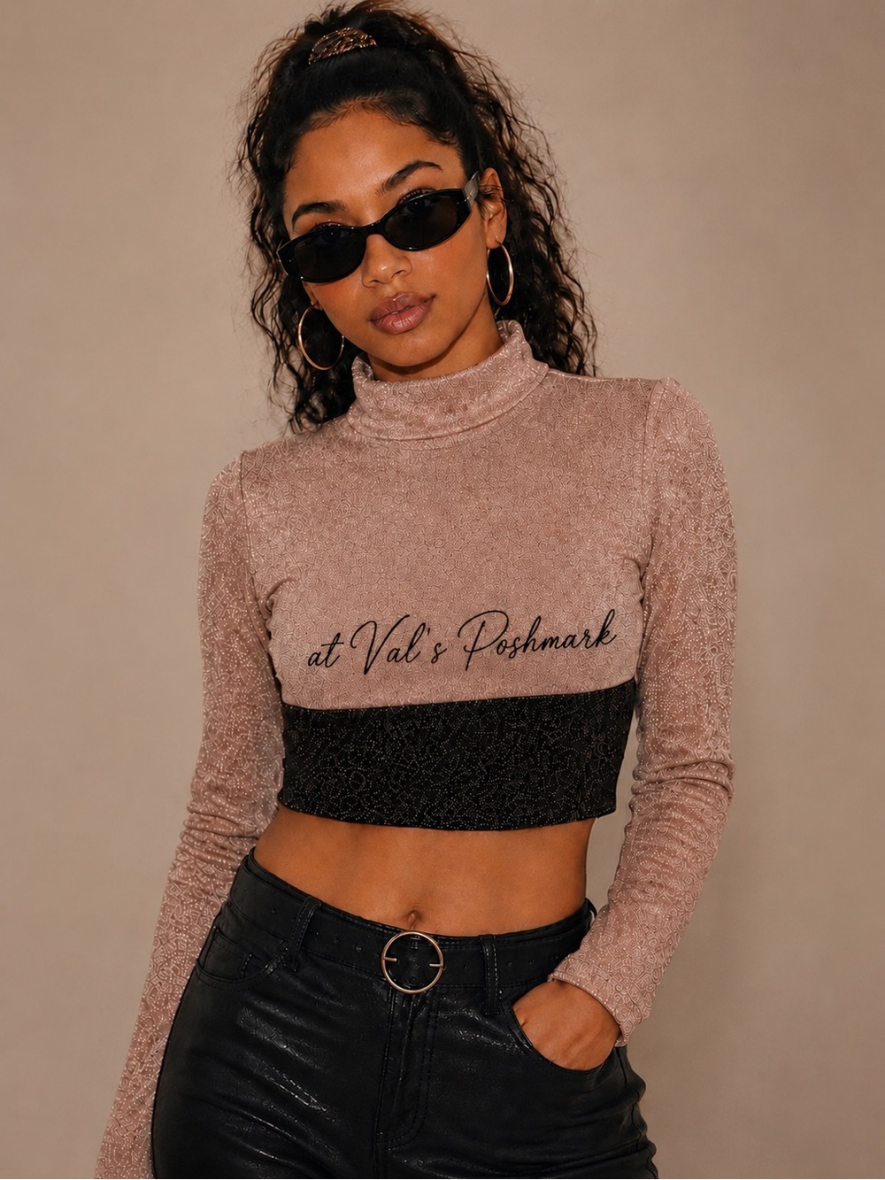 Naked Wardrobe Rose Gold & Bronze Metallic Crop top Mock Neck Long Sleeve  XL